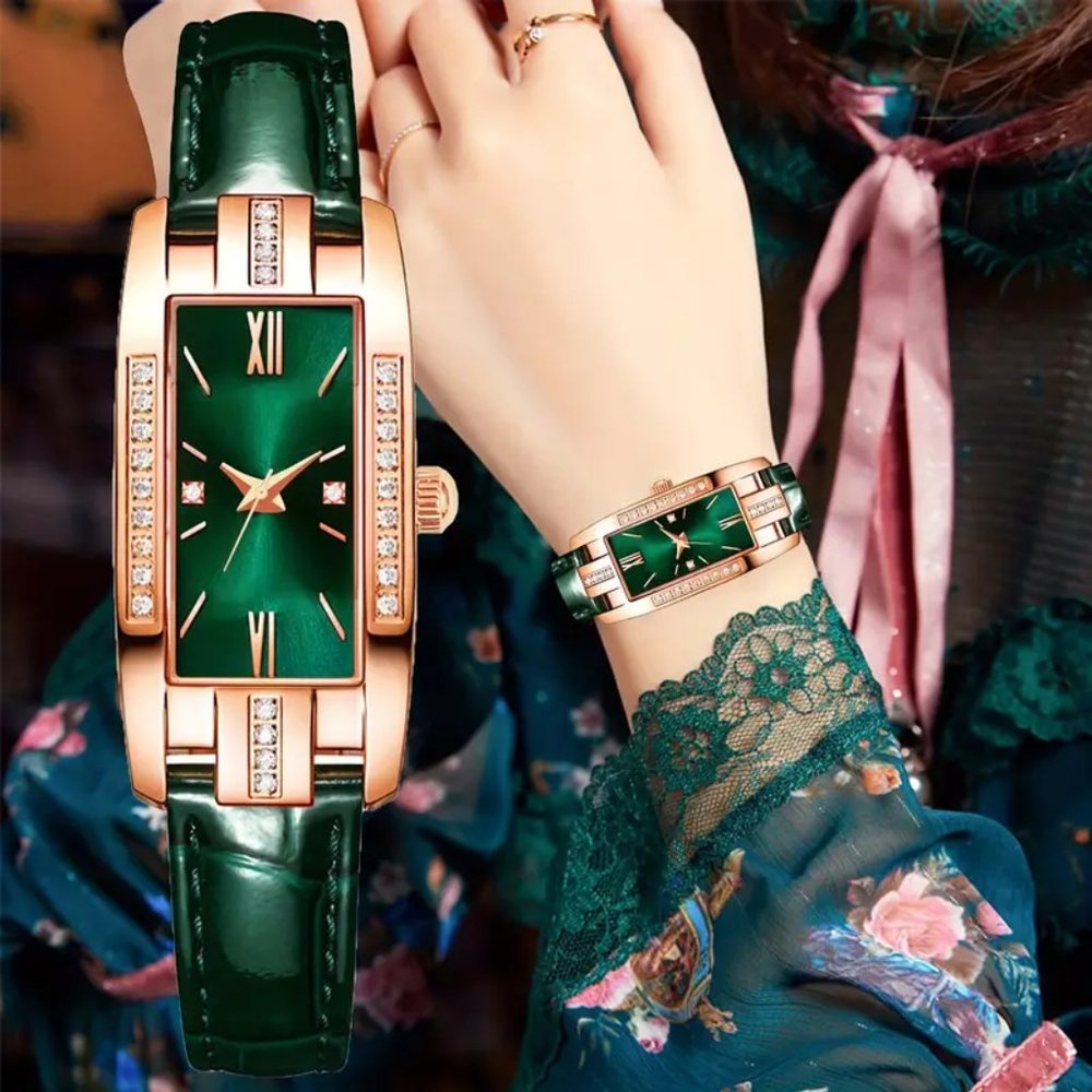 Vintage Rectangle Ladies Quartz Watch with Rhinestone, Roman Numeral Dial Green